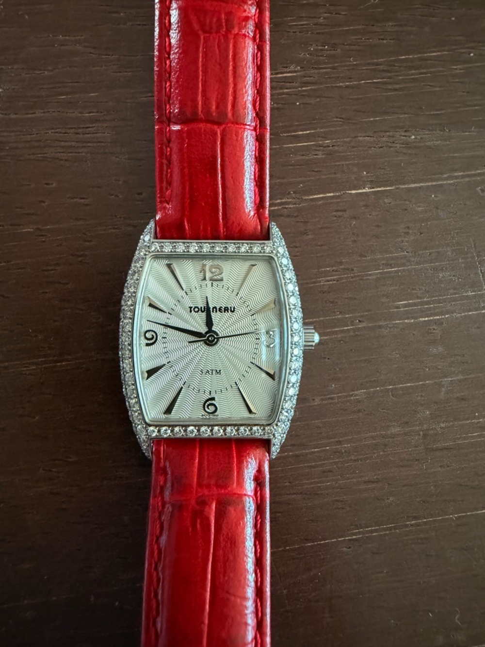 Tourneau Silver Dial Watch with Red Leather Strap and Crystal Bezel